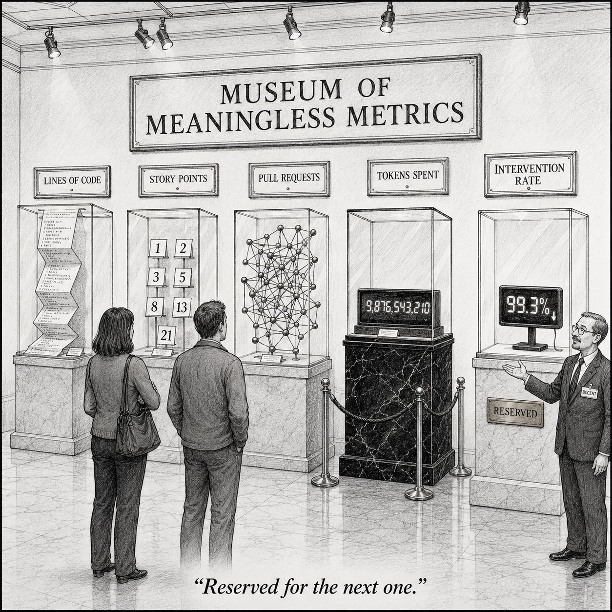 Cartoon „Museum of Meaningless Metrics": Vitrinen mit Lines of Code, Story Points, Pull Requests und Tokens Spent, dazu eine fünfte, leere Vitrine mit dem Schild „Intervention Rate" und einer Plakette „Reserved", auf die ein Museumsführer deutet